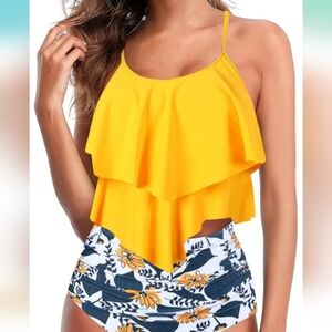 Yellow Ruffle‎ Bikini Top with Floral Bottom L
